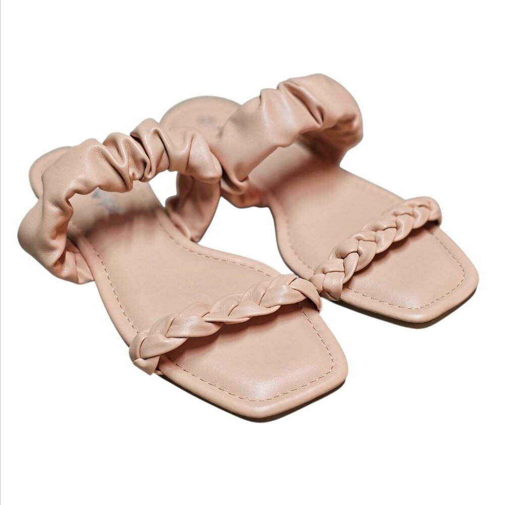 Nude Braided Strap Flat Sandals With Padded Scrunch Detail & Square Toe Design - Picture 5 of 8